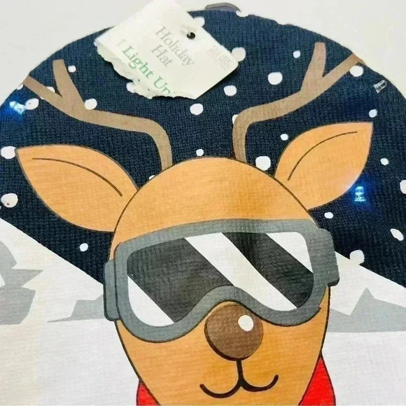 Christmas Reindeer Light Up Knit Hat Unisex Dark Blue NWT One Size - Picture 7 of 7